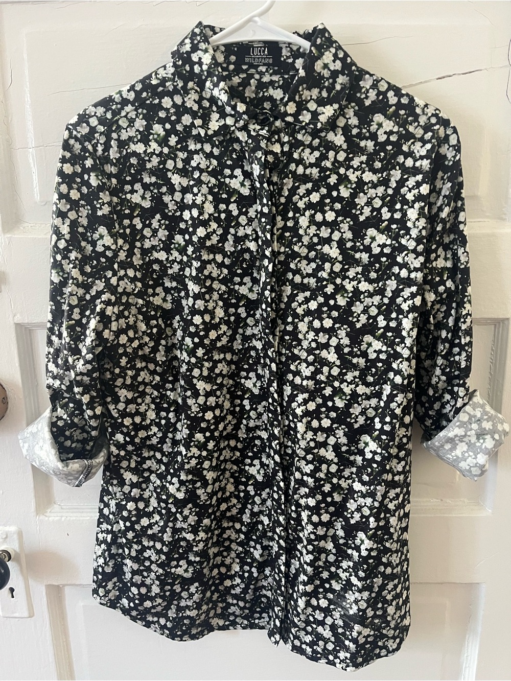 LUCCA exclusively for Wildfang — black floral button down shirt Medium